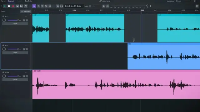 Audacity 4 interface with voice and music tracks