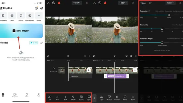 CapCut mobile screenshots: home screen, editor and export menu with resolution, frame rate and code rate
