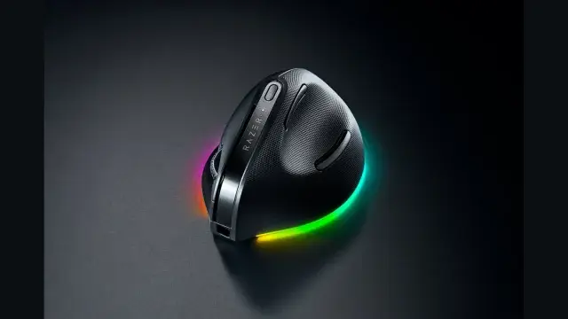 Black Razer Pro Click V2 mouse with lighting around its base