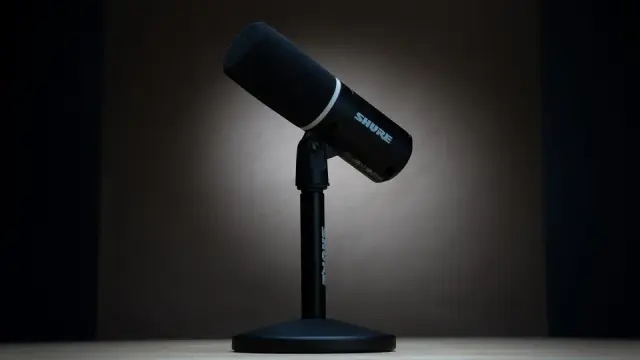 Black Shure MV6 Gen 2 microphone on its stand