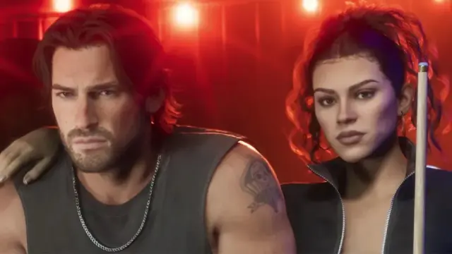 Jason and Lucia in an official GTA VI scene with red lighting