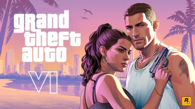 Ilustración de Jason y Lucia abrazados frente a la costa de Vice City al atardecer