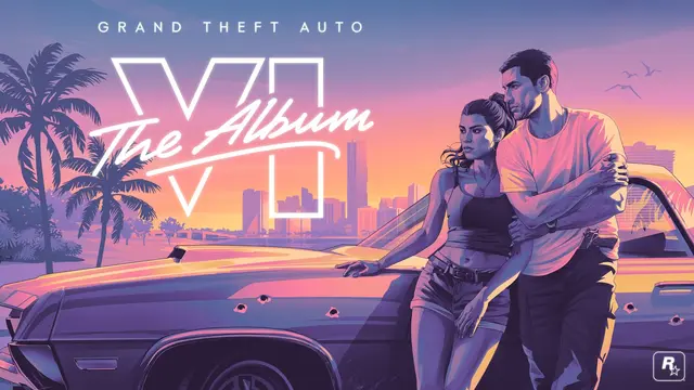 Portada oficial de Grand Theft Auto VI: The Album: el logo VI en neón con «The Album» escrito encima, palmeras, el skyline de Vice City al atardecer y Lucia y Jason apoyados en un coche con impactos de bala