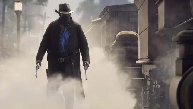 Arthur Morgan in a bandana with a revolver in each hand walks through steam beside a train in Red Dead Redemption 2