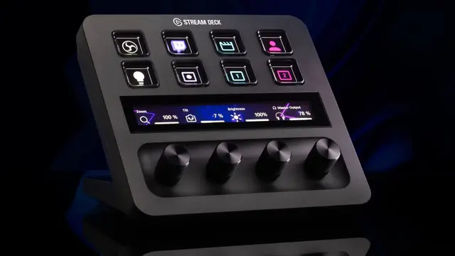 Stream Deck + with eight keys, a touch strip and four dials